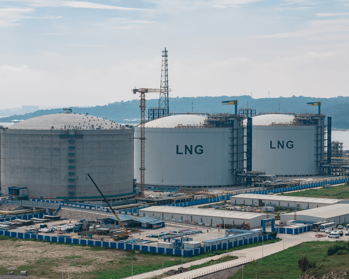 LNG storage tanks at an industrial site.