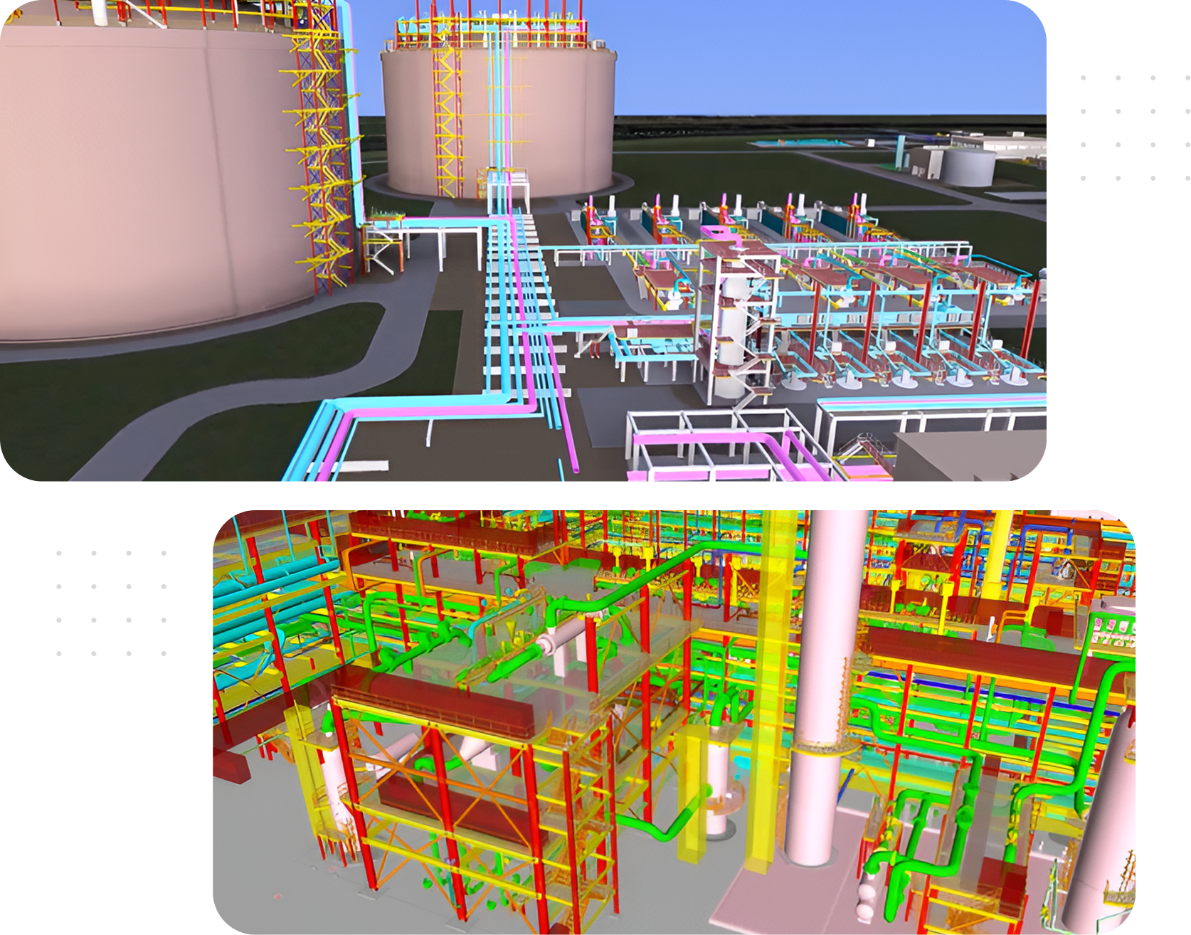Industrial facility with colorful pipelines and structures.